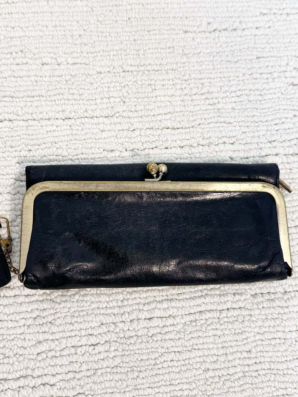 HOBO Rachel Continental Trifold Black Polished Leather Wallet Vintage Inspired
